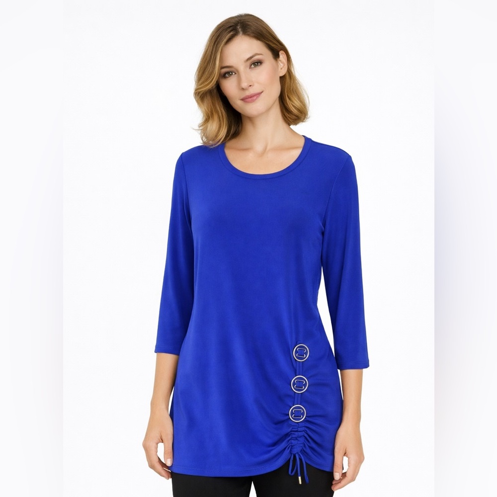 Joseph Ribkoff Royal Blue Silky Knit Tunic Top Side Ruched Button detail